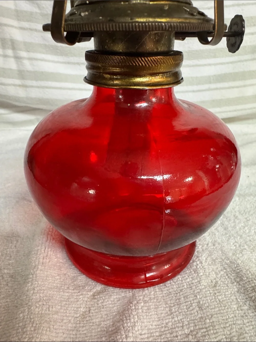 Vintage Ruby Red Glass Oil Lamp with Clear Chimney NO CRACKS
